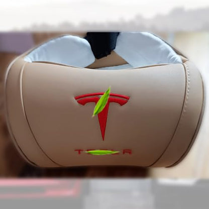 Car Headrest Neck Pillow Support Ergonomic, with Valve Stem Covers Accessory for Driving Seat Fatigue Relief Compatible with Model S X 3 Y & Cybertruck - 2 Pieces - color: D. Beige Ver. 2
