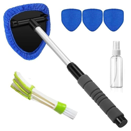 SakerPlus Telescopic Microfiber Glass Car Defroster Brush, 180° Rotating Head and Retractable Handle Multi-Surface Cleaner for Windows, Mirrors, Tiles (Blue) - color: Blue