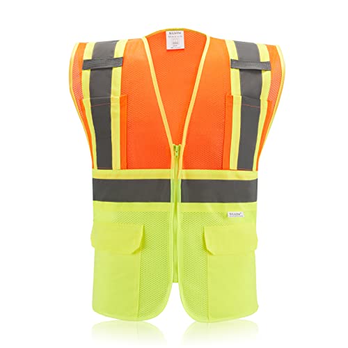 High Visibility Reflective Safety Vest with Zipper and Pockets (Orange & Yellow),Medium - color: Orange/Yellow, size: Medium
