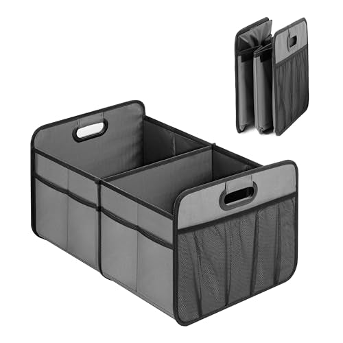 Simple Deluxe Car Trunk Organizer, 2 Compartments Collapsible Trunk Storage, Anti-slip Design, Made of Waterproof 600D Oxford Polyester, Suitable for SUV, Minivan, Truck, Standard Size, Grey