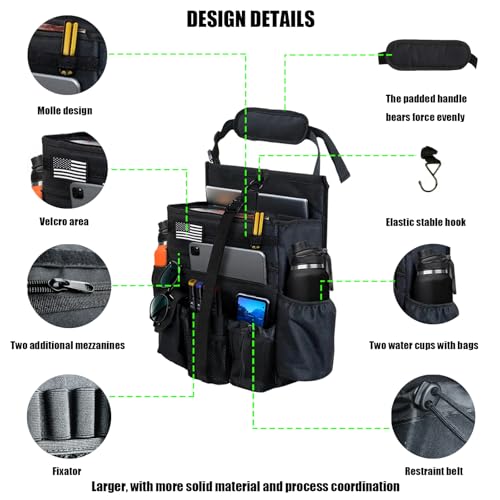 Front & Seat back organizer with dedicated tablet and 15.6 IN laptop storage stabilizers external stabilizing side straps soft adjustable shoulder straps hardened buckle (Black) - color: Black