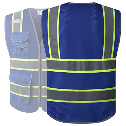 JKSafety 9 Pockets High Visibility Zipper Front MESH Blue Safety Vest | Blue with Dual Tone High Reflective Strips | ANSI/ISEA Standards (100-Blue, M) - color: Mesh-blue, size: Medium