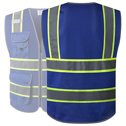 JKSafety 9 Pockets High Visibility Zipper Front MESH Blue Safety Vest | Blue with Dual Tone High Reflective Strips | ANSI/ISEA Standards (100-Blue, M) - color: Mesh-blue, size: Medium