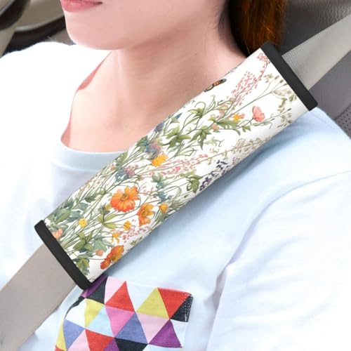 Seat Belt Cover Pad Wildflowers Flower Leaves Butterfly Soft Safety Car Automotive Seat Belt Pads Cushion Shoulder Strap Covers for Cars or Bags, 2 Pcs - color: Wildflowers Flower Leaves Butterfly
