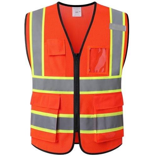 Safety Vest for Men Women Reflective with 5 Pockets and Zipper Front Mesh High Visibility Vest Hi Vis Construction Work Vest,Meets ANSI/ISEA Standards(EK175-Orange-S) - color: Orange-ek175, size: Small
