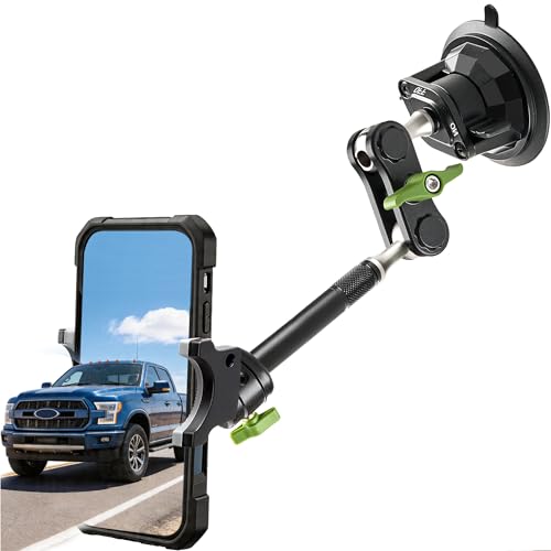 Heavy Duty Phone Mount for Truck, Suction Cup Windshield Car Phone Holder, Ultra-Durable Mteal Phone Holders for F- 150 RAM Silverado Kenworth Peterbilt Freightliner, 360° Anti-Shake Car Phone Mount - style: Extended green