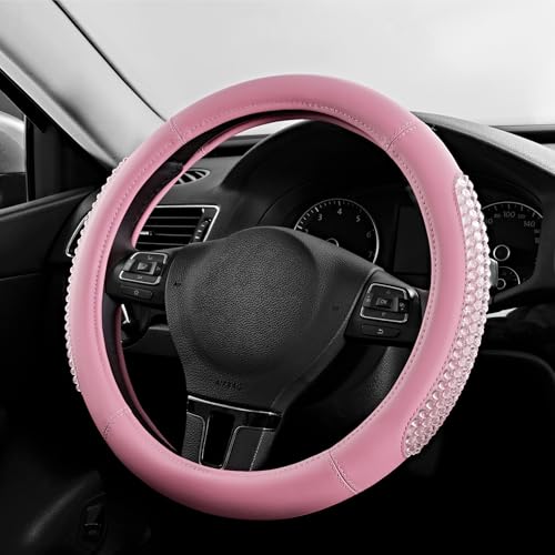 PIC AUTO Steering Wheel Cover, Glitter Gel Particles & Pink Luxury Leather Car Steering Cover, Universal Fit 14.5"-15.5" Anti-Slip Car Wheels Cover for Girls & Women - color: Pink