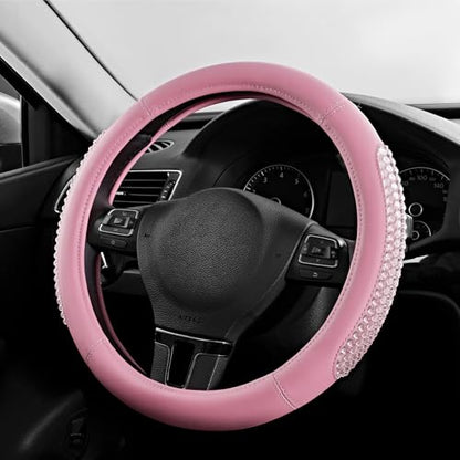 PIC AUTO Steering Wheel Cover, Glitter Gel Particles & Pink Luxury Leather Car Steering Cover, Universal Fit 14.5"-15.5" Anti-Slip Car Wheels Cover for Girls & Women - color: Pink
