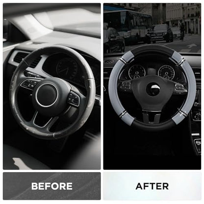 Road Comfort Leather Steering Wheel Cover – Premium Anti-Slip Car Steering Wheel Grip Cover – Universal Fit for 14.5”–15” Cars, Trucks & SUVs - Gray - color: Gray