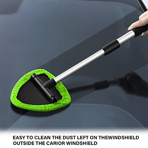 Windshield Cleaning Tool, Car Window Cleaner with 4 Washable Reusable Microfiber Pads, Extendable Long Handle Glass Wiper Cleaning Kit, Auto Accessories Universal for Office and Home (Green) - color: Green