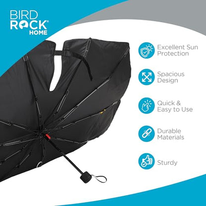 BIRDROCK HOME Car Windshield Sun Shade Umbrella - Foldable Cover UV Block for Front Window, Sunshield for SUV, Truck & Sedan, Protect Interior from Sun, Heat, & Wind - Extra Large - Black & Silver