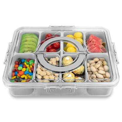 Divided Serving Tray with Lid and Handle,8 Compartments Snacks Box,Snack Fruit and Veggie Tray,Portable Platter for Candy Fruits Nuts Snack Party Entertaining Picnic (1 PCS Grey) - color: 1pcs-serving-tray-grey