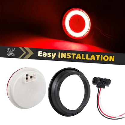 2pcs Smoked Lens 4 inch Round Red 64 LEDs Trailer Trucks Halo Brake Stop Running Turn Signal Tail Lights w/Rubber Grommet Sealed Waterproof IP67 For RV/Van, DC 12V