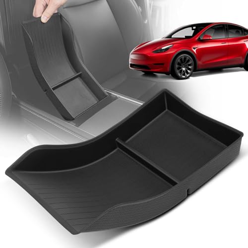 YHTAUTO Center Console Organizer Tray Fit for Tesla Model 3 2021-2023 Model Y 2021-2024, TPE Center Armrest Lower Bottom Storage Box with Non-slip - Matt Black - color: Center Armrest Lower Bottom