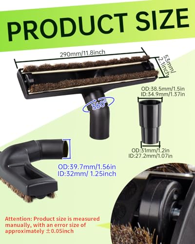 Universal Vacuum Floor Brush Attachments - Vacuum Attachments & Brushes, 12-Inch Swivel Head with 1-1/4”(32mm) Diameter Horse Hair Soft Bristles, 360° Swivel & Wheels for Hard Floors, Tile Cleaning - style: 12-Inch Floor Brush