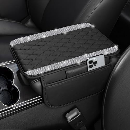 NBTEPEM Bling Car Center Console Cover, Leather Car Arm Rest Cover Cushion with 2 Storage Bags, Universal Auto Armrest Protector Storage Box, Bling Accessories Interior for Most Vehicles (Silver) - color: Silver Diamond