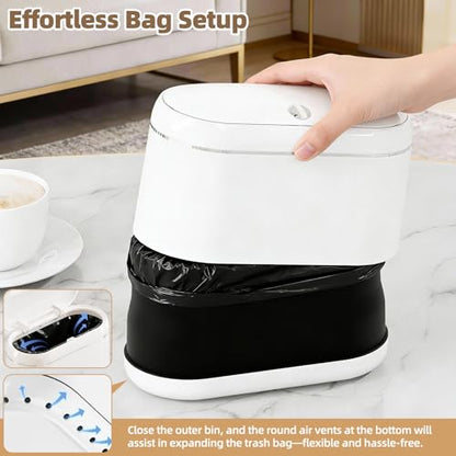PAVSTINE Mini Trash Can for Desk with 5 Rolls of Trash Bags, Small Press-Top Countertop Garbage Bin, Removable Waste Basket for Bedroom, Vanity, Coffee Table, Kitchen (White Full-Lid) - color: White Full-Lid