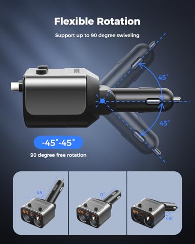 180W Cigarette Lighter Splitter w/Retractable 36W USB-C Cable, SUPERONE 2-Socket Cigarette Lighter Adapter with QC3.0 Car Charger Splitter for GPS/Dash Cam/Laptop/iPad/iPhone 17/16/15/14/13/12/11