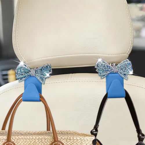 Zpana Bling Car Headreat Hook, 2PCS Crystal Rhinestone Cute Bow Vehicle Seat Back Hanger Storage for Purses Bags Grocery, Diamond Auto Rear Seat Organizer, Universal for SUV Truck Sedan (Light Blue) - style: Light Blue/2PCS