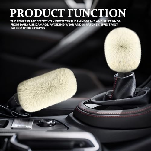 2PCS Plush Car Gear Shift Knob Cover & Handbrake Cover, Shift Knob Protector, Soft Fluffy Gear Handbrake Protective Sleeves, Shifter Lever Brake Handle Warm Plush Set for Cars (Beige) - color: Beige