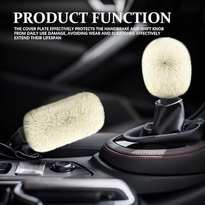 2PCS Plush Car Gear Shift Knob Cover & Handbrake Cover, Shift Knob Protector, Soft Fluffy Gear Handbrake Protective Sleeves, Shifter Lever Brake Handle Warm Plush Set for Cars (Beige) - color: Beige