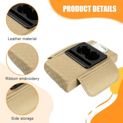 Car Armrest Cushion, 5-in-1 Nappa Leather Vehicle Centre Console Cover with 2 Storage Pockets, Cup Phone & Phone Holder, Multifunctional Auto Organiser Accessories, Universal Fit (Beige) - color: Beige