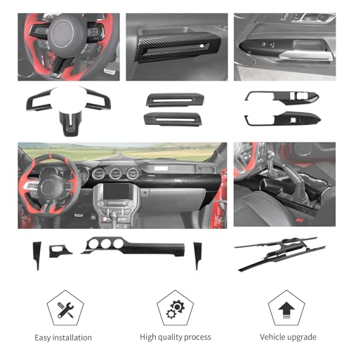 JWWY Carbon Fiber Interior Trim Kit for 2015–2023 Ford Mustang, Center Console Gear Shift Panel Window Lift Switch Door Handle Cover Interior Accessories 9PCS