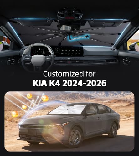 Windshield Sun Shade for Kia K4 2024-2026 with 360° Rotating Shaft, Custom Fit Umbrella Sunshade for UV Blocking, Interior Heat Protection, Easy Storage - size: Fit for Kia K4 2024-2026