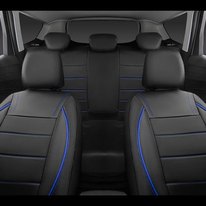 CAR PASS Universal FIT Piping Leather Two Front Seat Covers, Waterproof Faux Leather for SUV Sedan Van Truck, Airbag Compatible,Reserved Opening Holes for Headrest Covers. (Black and Blue) - color: Black Blue