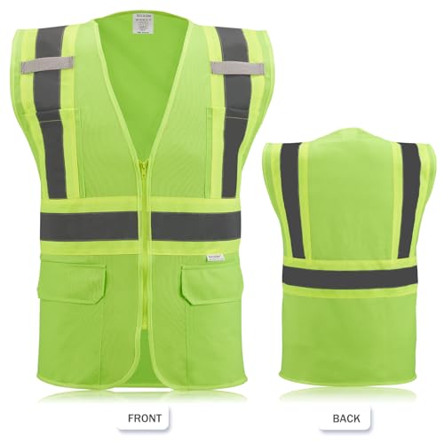 High Visibility Reflective Safety Vest with Zipper and Pockets grass green,L - color: Grass Green, size: Large