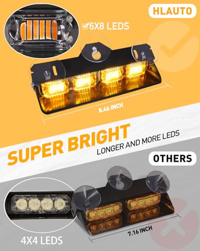 HLauto 2002L Emergency Dash Strobe Lights: Amber Safety Lights, Flashing Warning Hazard Windshield Visor Traffic Light Bars for Trucks, Construction Vehicles (2x8.5 inch, 48LED) - color: Amber