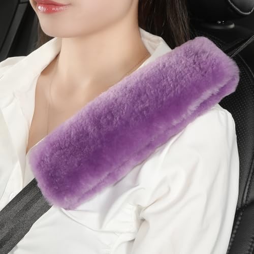 AOGELAN Fluffy Fuzzy Genuine Sheepskin Car Seat Belt Covers for Soft Auto Lambswool Seatbelt Pads, Shoulder Strap Cushion Adults Kids (2, Purple) - color: Purple