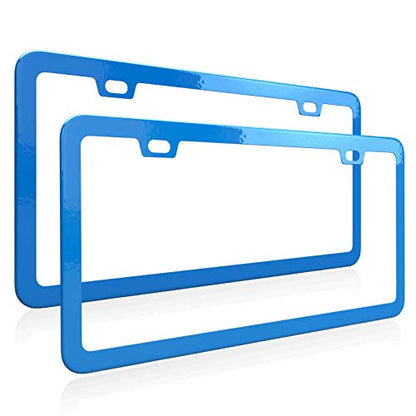 Blue License Plate Frame, Metal Thin Stainless Steel with 2 Holes Screw Cap, 2 Pack (Blue) - color: Blue