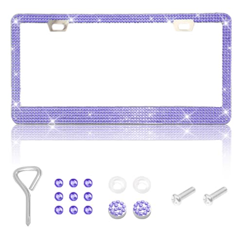 1 Pack Bling License Plate Frames, Bedazzled Sparkly Cute Water Diamond Stainless Steel，Car Accessories with Diamond Sparkle Glitter Caps，Suitable for Both Men and Women（Purple） - color: Purple, size: 1