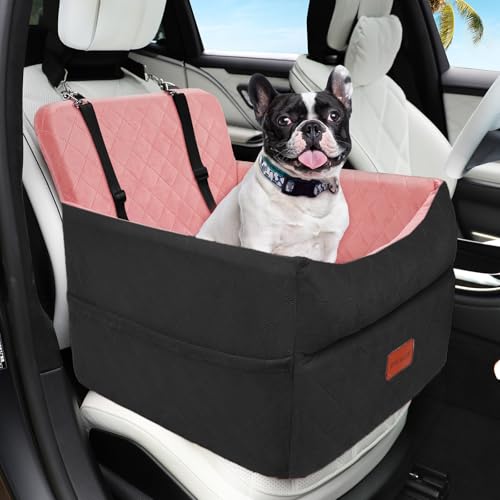 HEGGCOOE Dog Car Seat for Small Medium Dogs, Memory Foam Puppy Dog Booster Seat with Thick Cushion for Dogs Under 35lbs, Detachable Washable Pet Car Seat Travel Bed with Storage Pockets,2 Safety Belts - color: BlackPink