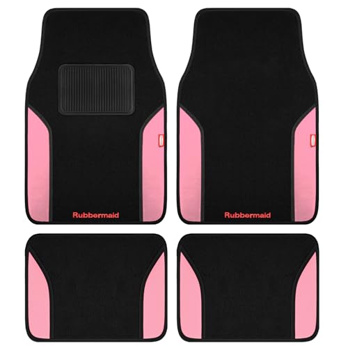 Rubbermaid Car Mats, Carpeted Floor Car Mat with Faux Leather & Built-in Heel Pad, Two-Tone Car Rug Floor Mats, Stylish Carpeted Floor Mats for Cars, Trucks & SUVs Pink Color - color: Pink