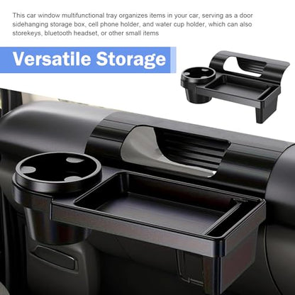 Car Window Storage Holder, Multi-function Cup Holder with Phone Slot & Storage Tray, ABS Anti-scratch Insert Extra Hanging Mount, Interior Organizer for Most Vehicles (Black)