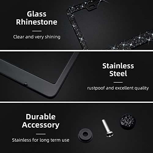 Bling Rhinestone License Plate Frame for Women 2PC, Sparkly Stainless Steel Frames & Over 1200 pcs Finest 14 Facets Black Glass Crystals Premium Diamond+GiftBox(Black) - color: Black-2PK