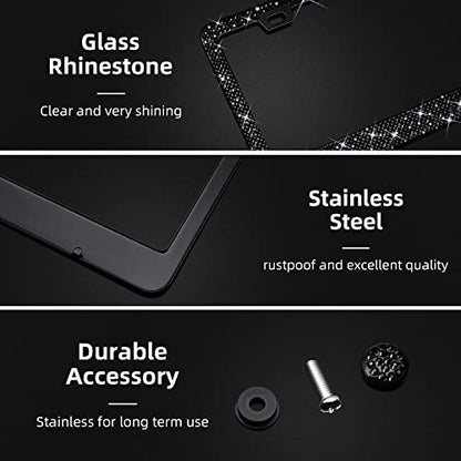Bling Rhinestone License Plate Frame for Women 2PC, Sparkly Stainless Steel Frames & Over 1200 pcs Finest 14 Facets Black Glass Crystals Premium Diamond+GiftBox(Black) - color: Black-2PK