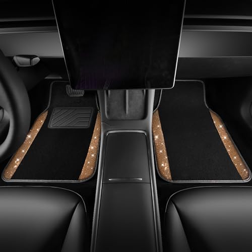 CAR PASS Bling Diamond Car Floor Mats, Shining Rhinestone Carpet Sparkly Glitter Crystal with Anti-Slip PVC Heel Pad Waterproof Universal Fit Automotive SUV,Sedan,Van,Cute Girl Women,4pcs Golden - color: Golden