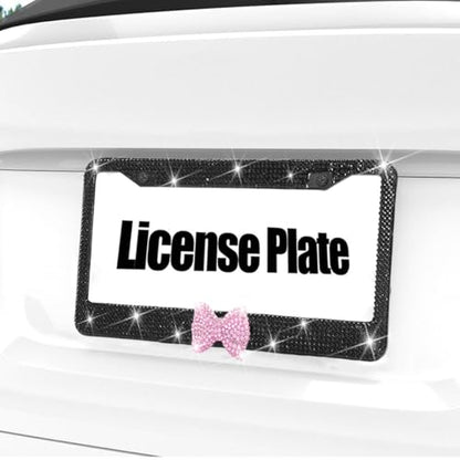 Bling Car License Plate Frame for Women, 2PCS Crystal Rhinestone Stainless Steel Vehicle Plate Holder, Glitter Diamond Sparkly Auto Plate Cover Accessories, Universal Fit (Black/Pink Bow) - color: Black/Pink Bow