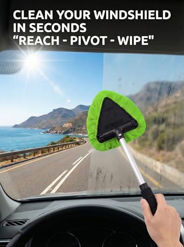 TAKAVU Car Window Cleaning Tool, Windshield Wiper Cleaner with Extendable Long-Reach Handle, 3 Washable Reusable Microfiber Bonnets, Car & Home Inside Interior Exterior Use - Lint Free (Green) - color: Black & Green