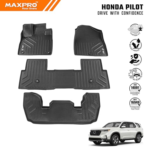 Premium MAXPRO Floor Mats for 2023-2025 Honda Pilot | 3-Row Complete Set | Car Floor Mat All Weather Waterproof TPE Floor Liners | Custom Fit Automotive Floor Mats Honda Accessories Car Mats Full Set - size: Complete 3 Row