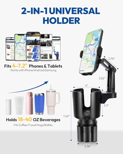 2-in-1 Cup Holder Cell Phone Holder,Adjustable 360° Rotation Universal Phone Holder Fits 4.0-7.0" Devices, Compatible with 12-40 oz Bottles
