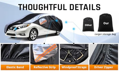 Versa Car Cover Waterproof All Weather with Silver Strip Design, Custom Fit for Versa 20012–2025, Versa Accessory with Door Zipper & Windproof Straps - size: Custom Fit Nissan Versa