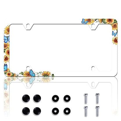 Blue Butterfly Sunflower License Plate Frame Funny License Plate Frames Personalise Stainless Steel Design Compatible with Standard License Plate Holder for USA and Canada 6 X 12 with Screws - color: Blue Butterfly Sunflower