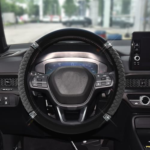 Bling Soft Leather Steering Wheel Cover, 15 Inch Colorful Rhinestones Auto Elastic Steering Wheel Protector for Women Girls, Car Accessories Anti Slip Steering Wheel Cover for Cars, SUVs (Gray) - color: Gray