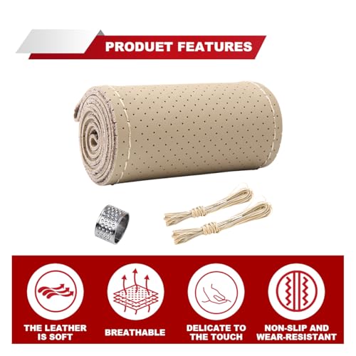 ZIMISI Genuine Leather Steering Wheel Cover, Anti-Slip Breathable Car Steering Wheel Stitching Wrap, DIY Sewing with Needle Thread, 15 Inch Stitch on Wrap Car Steering Wheel Cover (Beige, Hole) - color: Beige, size: Hole