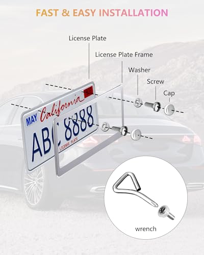 License Plate Frames - 2 Packs Stainless Steel Universal Car Tag Frame for Front and Rear Number Holder with Screws & Chrome Caps - style: Stainless Steel-Wide Frame-A