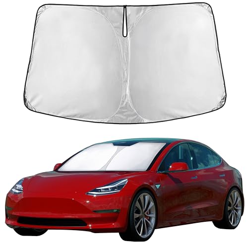 EcoNour Windshield Sun Shade Compatible for Tesla Model 3 & Model Y 2017–2026 | Custom Fit EV Front Window Sunshade | Foldable Heat & UV Reflective Sun Visor - size: Custom Fit